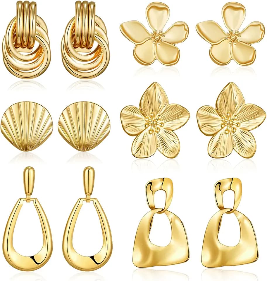 Chunky Gold Earrings For Women Trendy Statement Gold Plated Flower Shell Knot Dangle Earrings Lightweight Hypoallergenic Fashion Jewelry Set