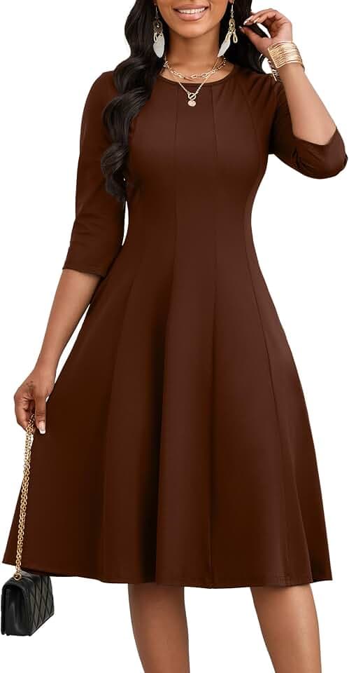 CLOCOR Midi Dresses Elegant Church 3/4 Sleeve Crew Neck Dress with Pocket