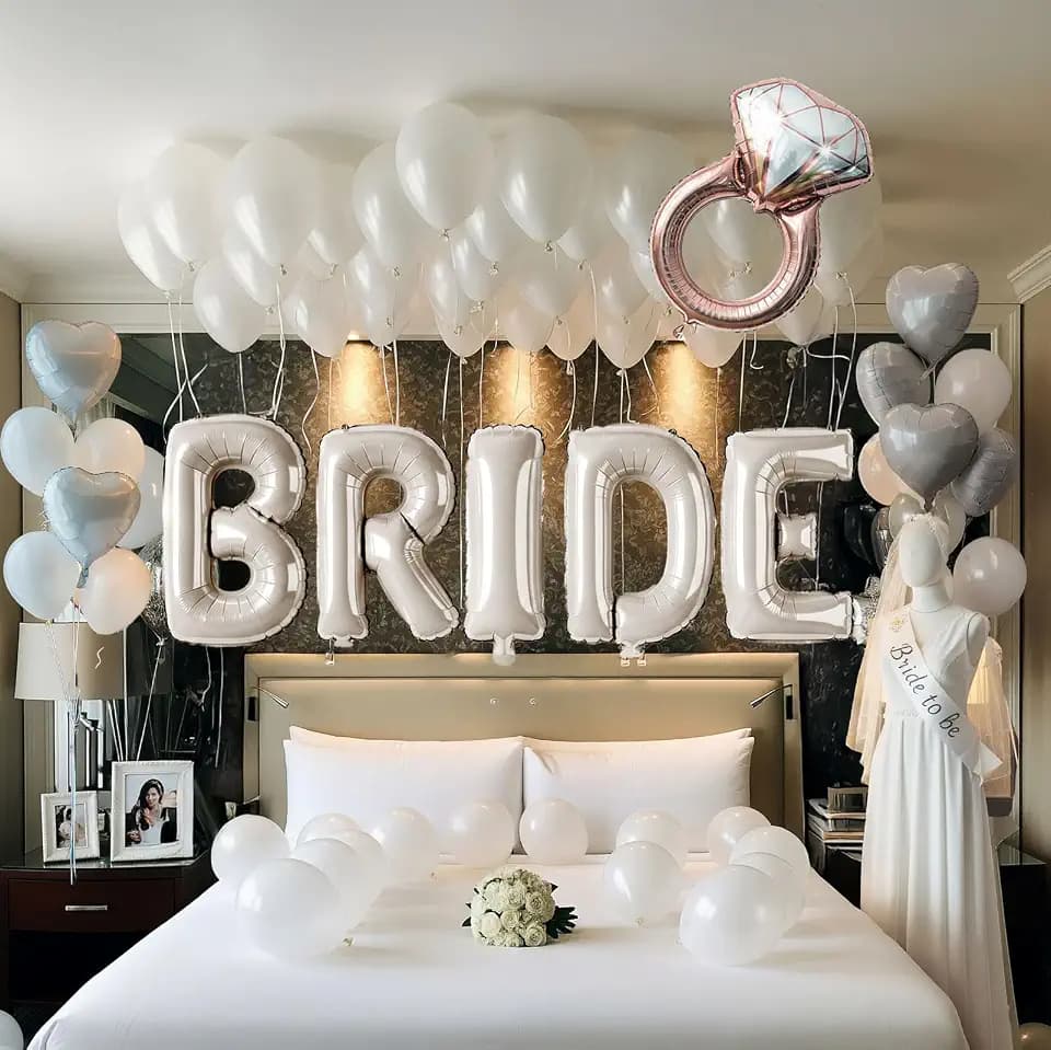Cream White Bridal Shower party decorations with huge 40 Inch BRIDE letter Pearl Balloons BRIDE to be Sash Bridal Veil and Diamond Ring Heart shape Balloons For Bachelorette party Wedding supplies
