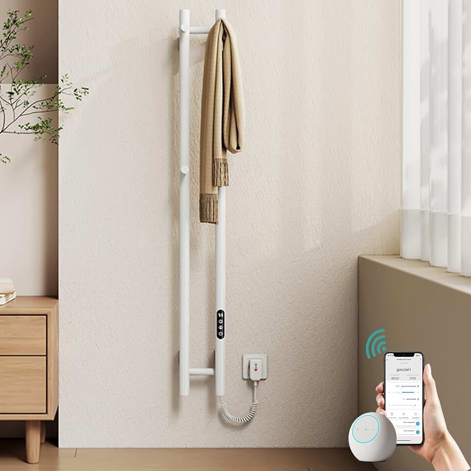 EMKE Elektrischer Handtuchheizkörper 1200 x 124 mm, Design-Handtuchwärmer mit WiFi-App-Steuerung, Badheizkörper mit 4 Haken, 145 W, IP45, Weiß