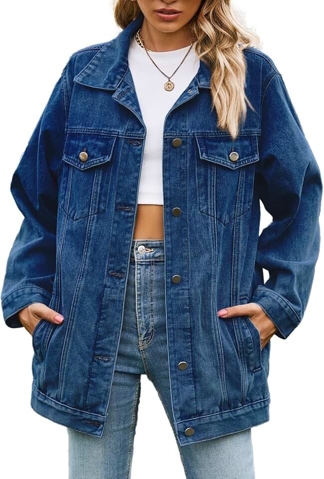Sukany Lässige Jeansjacke für Damen, übergroß, Knopfleiste, Umlegekragen, locker, langärmelig, mittellanger Mantel