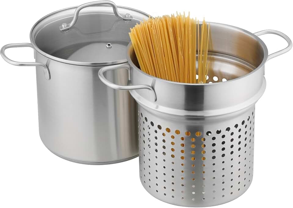 Navaris Nudeltopf 5,7 Liter - Spaghettitopf - Pastatopf - Spargeltopf - Kochtopf mit Glasdeckel - Ideal für Nudeln und Gemüse - Für alle Herdarten geeignet - Edelstahl