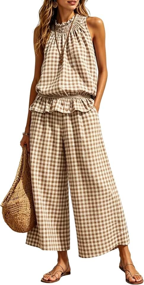 Tanming Women's 2 Piece Set Outfits Gingham Plaid Sleeveless Ruffle Top Wide Leg Pants Summer Casual Beach Vacation Sets