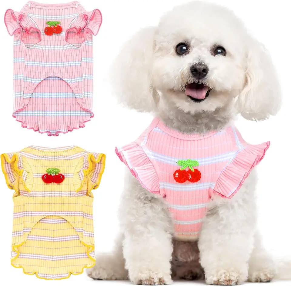 2 Pack Striped Sleeveless Dog Shirt, Cute Cherry Girl Dog Clothes Soft Cotton Pet Puppy Vest Outfits for Small Dogs Chihuahua Yorkie Spring Summer（Pink+Yellow,Medium）