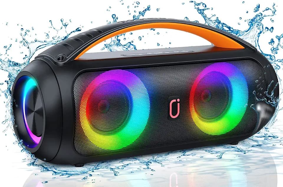 JAUYXIAN Bluetooth Lautsprecher, Tragbarer IPX5 Wasserdicht Lautsprecher Musikbox mit Licht für Draußen, Stereo Sound Laut mit Druckvollem Bass unterstützt USB/TF-Karte/AUX/FM/Rec für Party