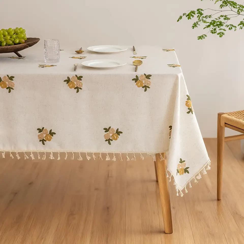 Cream Linen Tablecloth Rectangle 60 x 90 Inch Floral Pattern Embroidered Table Cloth with Tassel Heavy Duty Neutral Vintage Farmhouse Thick Faux Burlap Textured Table Covers for Dining Party Holiday