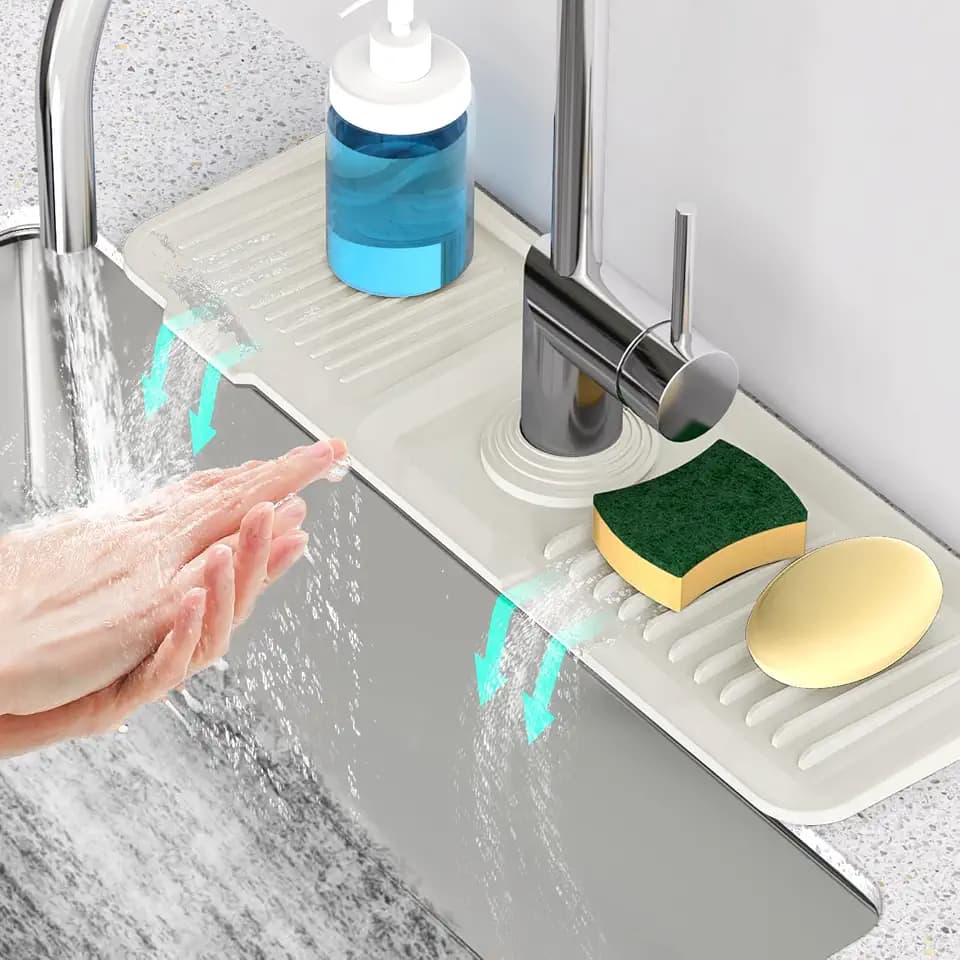 17.7inch Faucet Mat for Kitchen Sink [5°Slope Fast Self-draining] Faucet Mat Kitchen Sink Splash Guard Silicone Sink Splash Guard Kitchen Sink Area Tidy Splash Faucet Guard Draining Mat-Beige