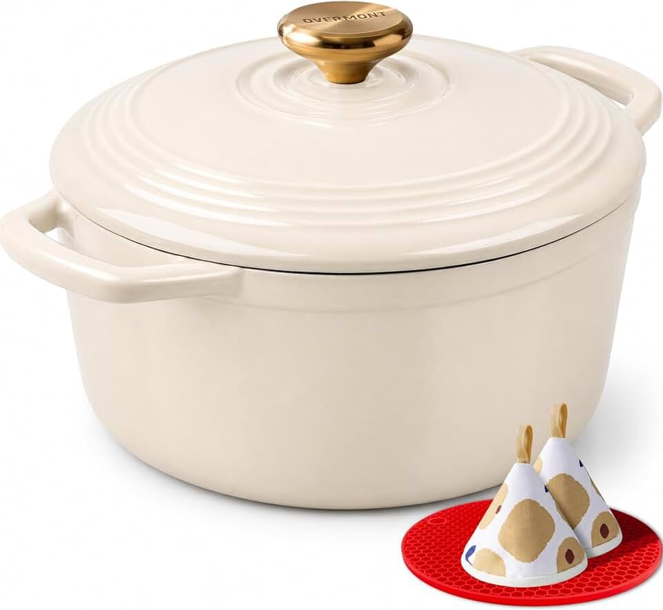 Overmont Bräter Emaille Gusseisen Topf - Schmortopf 26cm backofengeeignet - mit Deckel und Kochbuch - für Küche Backen Schmoren Braten Weiß