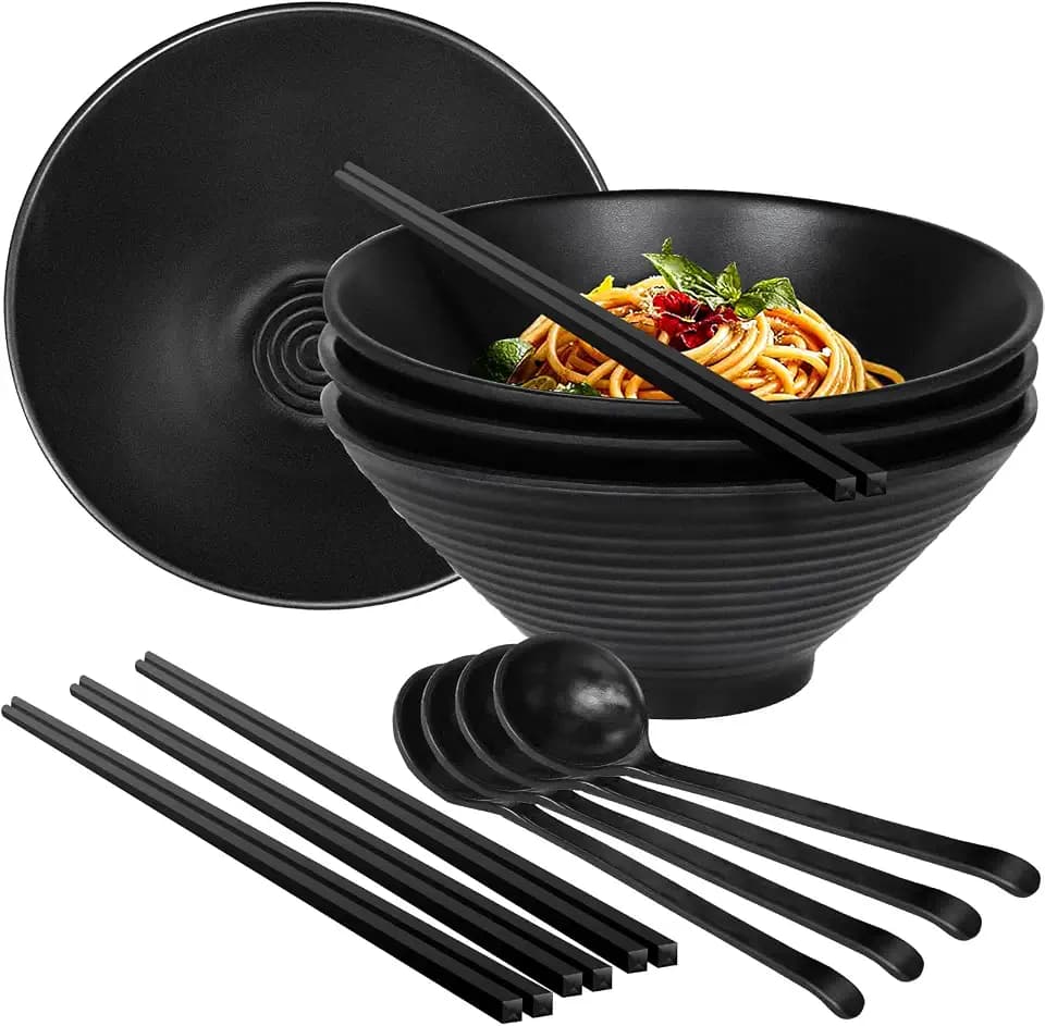 Greentainer Ramen Schüssel aus melamin-4 pcs Japanisches Geschirr Set |1600ml Suppenschüsseln |Noodle Bowl mit Essstäbchen und Löffel für Salat,Große Schüssel für Kinder & Erwachene|Schwarz