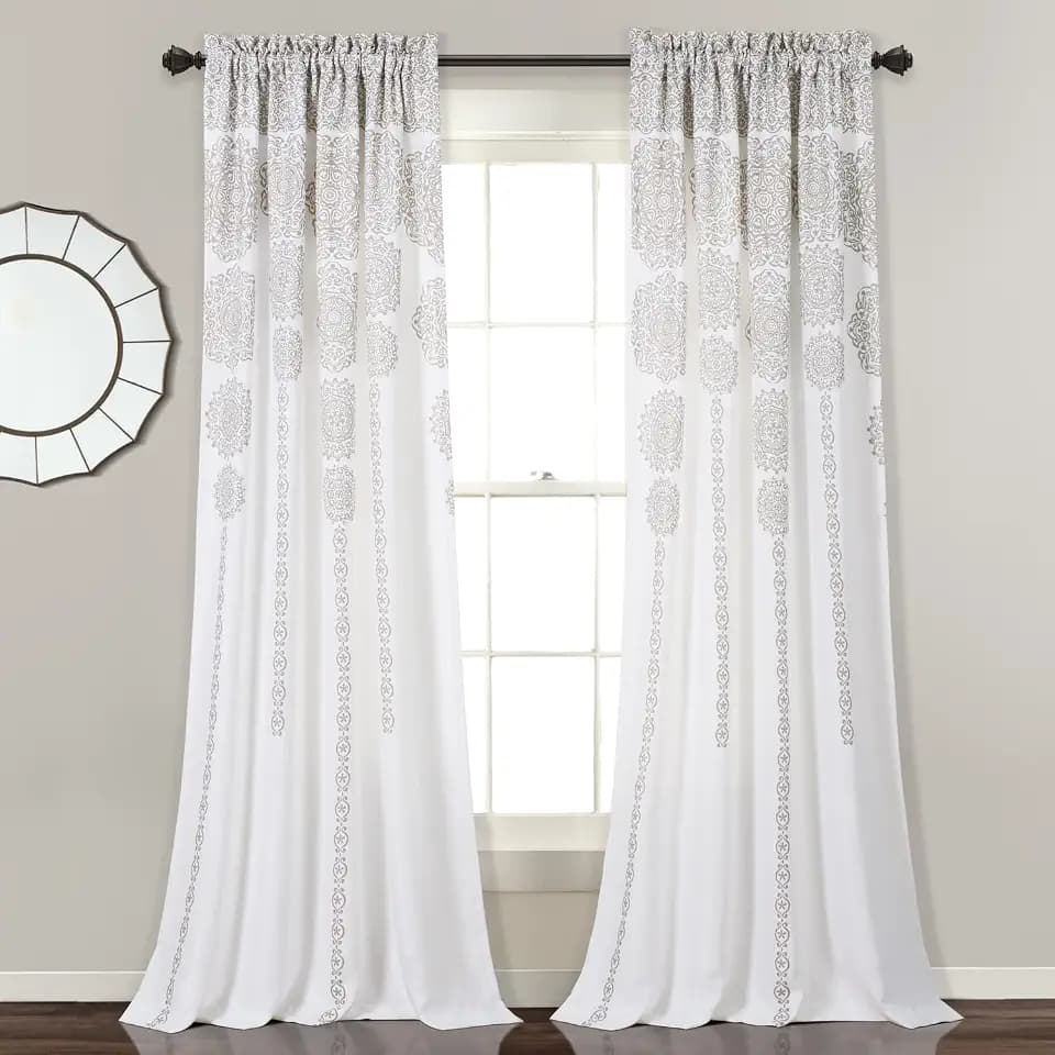 Lush Decor Stripe Medallion Curtains Fabric Mandala Bohemian Damask Print Light Filtering Window Panel Set for Living, Dining, Bedroom (Pair), 84"L x 52"W, Neutral