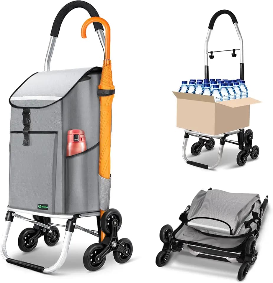 VOUNOT® Aluminium Einkaufstrolley Treppensteiger, 3 in 1 Trolly Einkaufswagen Klappbar, Hackenporsche mit Kühlfach und Haken, 6 Rädern & großer Kapazität, Wasserdicht, Grau