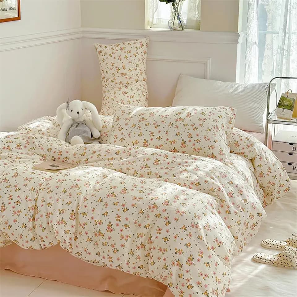 Bettwäsche 135x200 Beige Bunt Blumen Floral Bettbezug + Kissenbezug 80x80