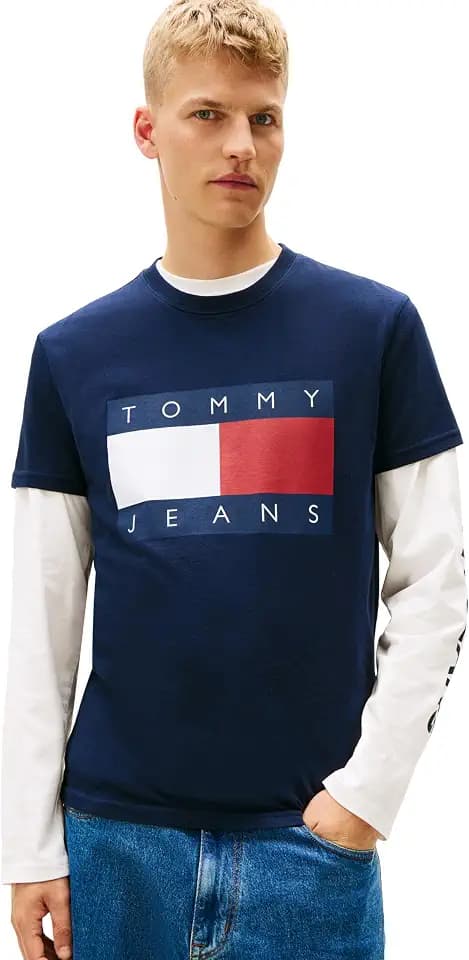 Tommy Jeans Men's Short Sleeve Cotton Graphic T-Shirts with Big Flag Logo Design