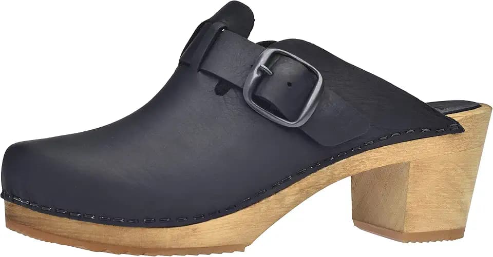 Sanita Malulo Clog | Original handgemacht | Leder-Holzclogs für Damen | Verstellbarer Riemen | Schwarz | 35 EU