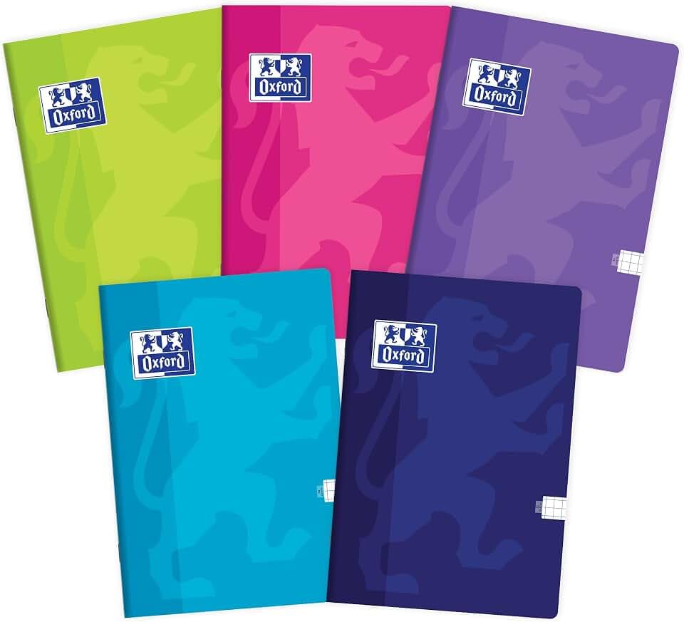 Oxford Touch Schulheft A5 Kladde 32 karierte Blätter mit Seitenrand, Optik Paper 90 g, weicher laminierter Umschlag, Notizblock Set für Büro & Schule, 10 Stück-Packung, Farbenmix