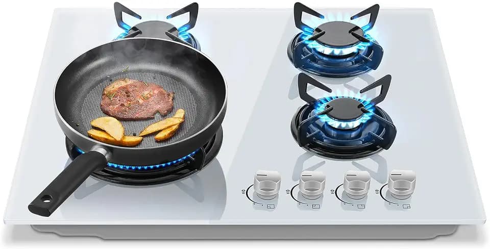TopStrong Gaskochfeld mit 4 Brennern, Einbau-Glaskochfeld 60 cm, Natur-/Propangasherd, weißes Glas, Flame-Out-Schutz, emaillierte Grills, 8060W