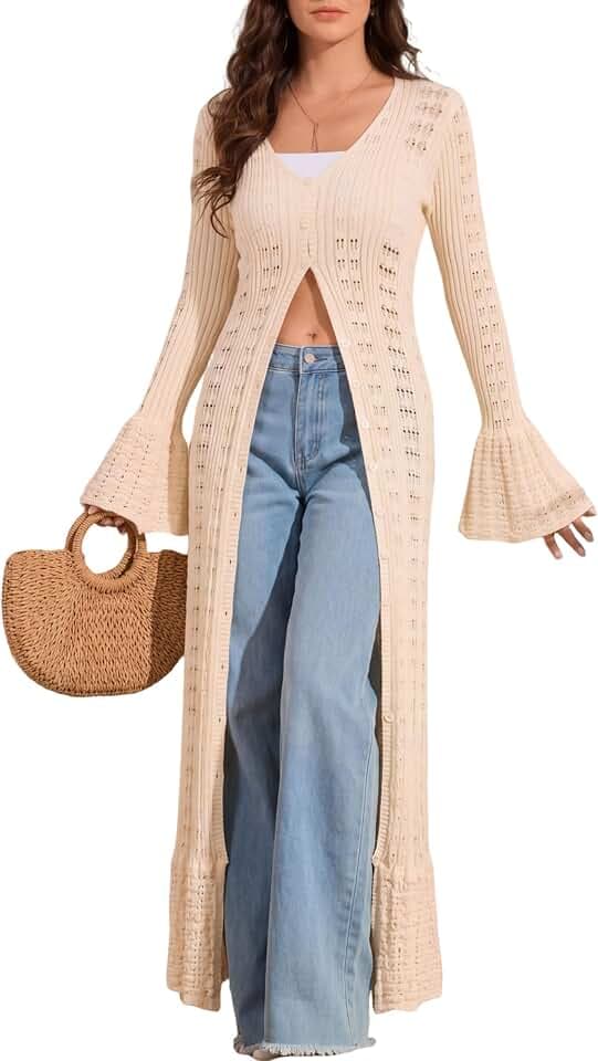 Cardigan Sweaters for Women Trendy Lightweight Crochet Long Duster Button Up Bell Long Sleeve Ruffle Knit Maxi Dress
