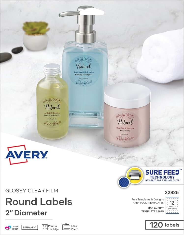 Avery® Printable Round Labels, Sure Feed® Technology, 2" Diameter, Glossy Clear, 120 Customizable Labels (22825)