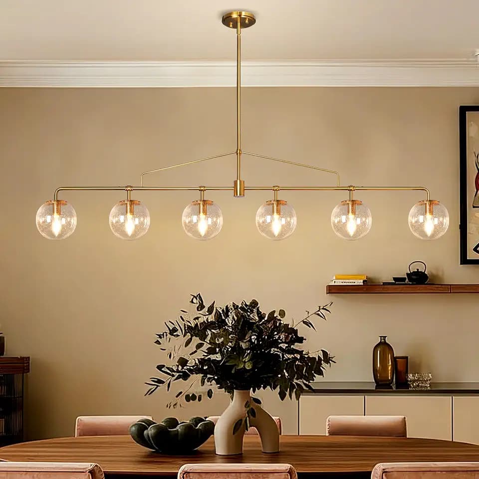 Gold Linear Chandelier 6 Lights Glass Globe Dining Room Pendant Light