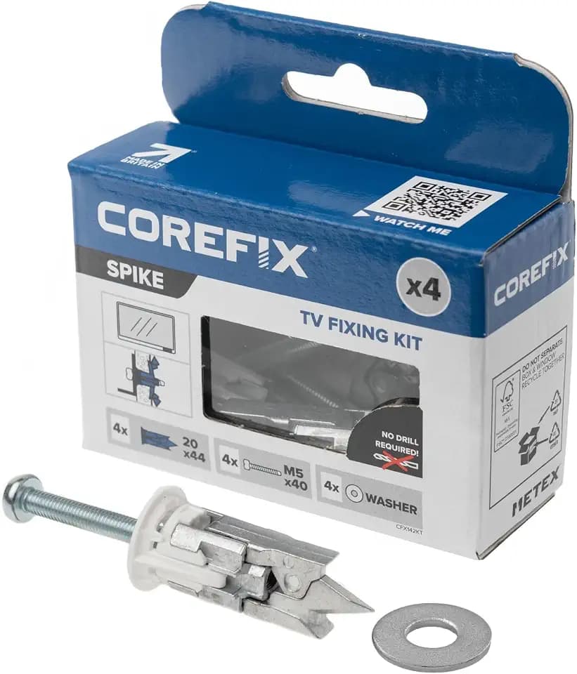 Corefix Spike TV Mounting Kit 4 Pack | rigips dübel gipskarton Anker bis 50 kg pro Befestigung | selbstbohrende Befestigung für Fernseher | Schrauben Wandhalterung