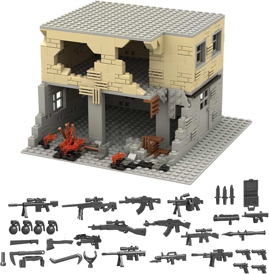 Klemmbausteine WW2 Ruine Militär Szene mit Militär Waffen Set, Militär Basis Bausteine Diorama Bausatz ww2 Militärspielzeuge