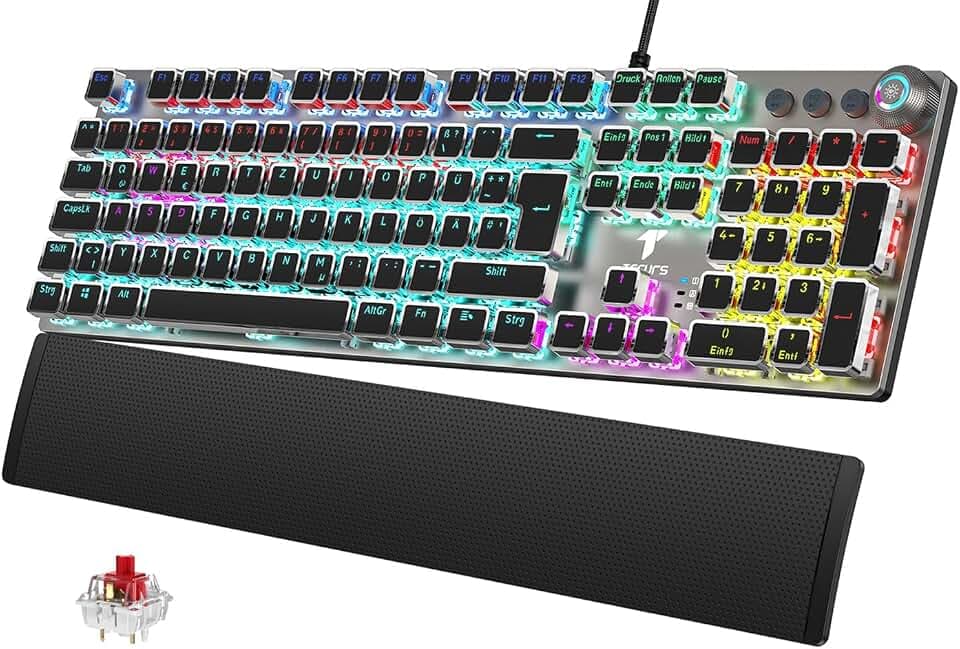 TECURS Mechanische Gaming Tastatur mit Magnetischer Handgelenkauflage & Red Switches, Beleuchtete QWERTZ Kabelgebundene Tastatur, 105 Tasten mit Anti-Ghosting & Multimedia-Drehregler für PC/PS5/PS4