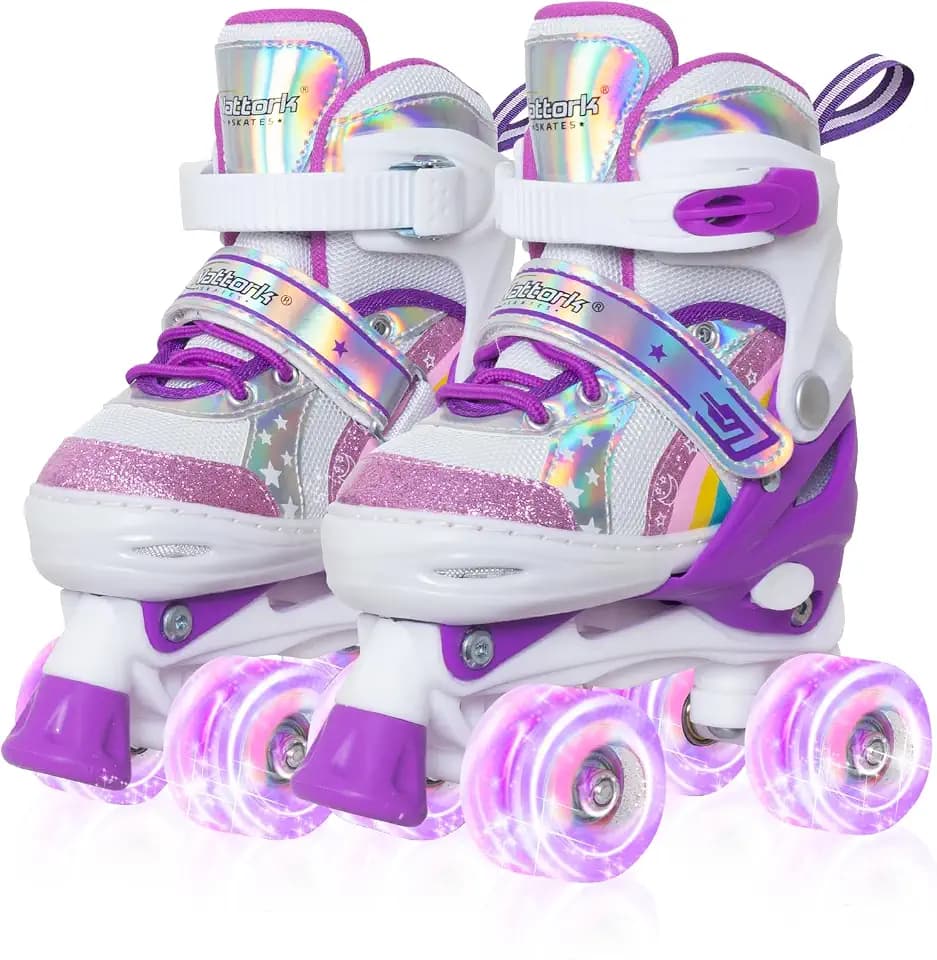 Nattork Girls Roller Skates for Kids, 4 Size Adjustable Rainbow Quad Skates with All Light Up Wheels - Best Birthday Gift for Outdoor Sports