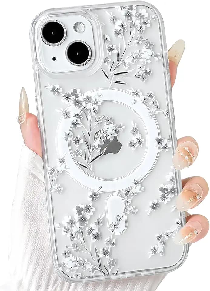 NITITOP for iPhone 13/14 Case Magnetic Clear Flower - White