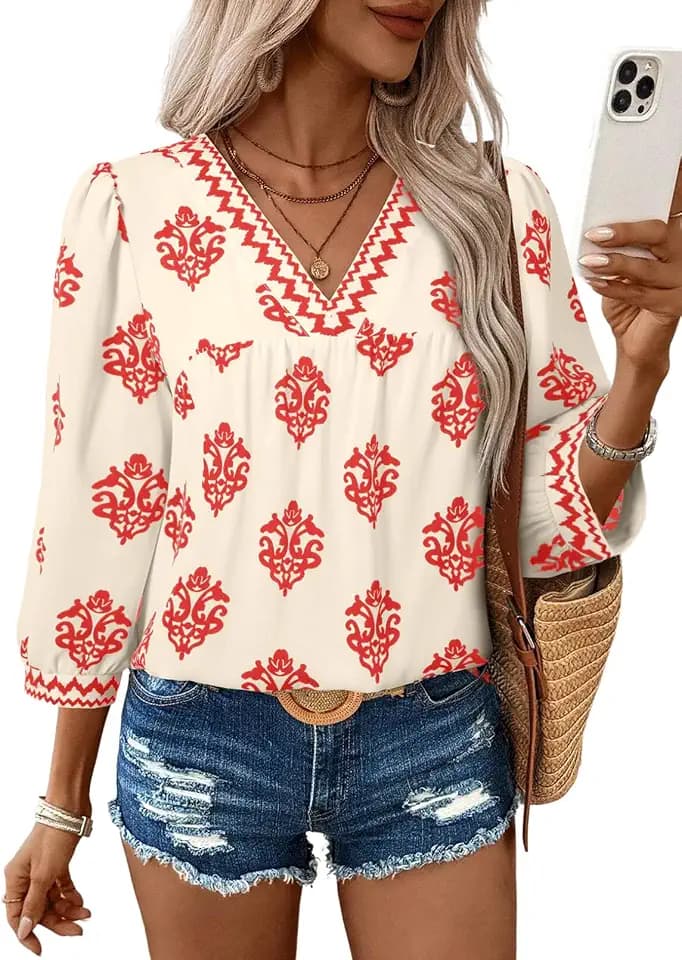 SHEWIN Women's Casual V Neck Floral Print Chiffon Blouses 3/4 Sleeve Boho Summer Tops Shirts