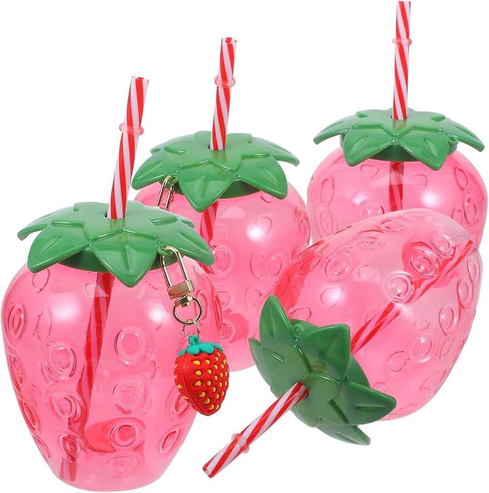 Kisangel 12pcs Strawberry Shaped Cups with Lids And Straws, 17oz Pink Plastic Drinking Cups for Hawaiian Summer Partyfavors Outdoor