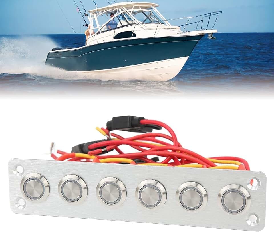 6 Gang Push Button Switch Panel for Marine Car RV Truck Yacht Aluminum DC 12-24 V Multi-Function Rocker Switch Pre-Wired with LED Indicator Light IP65 Waterproof, White LED