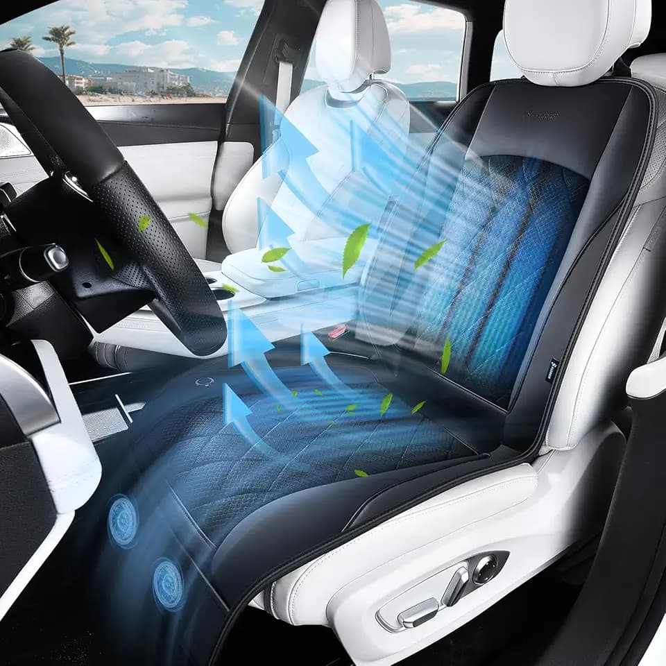[2026 Upgrade] Cooling Car Seat Cover Ventilated Seat Cushion Summer Driving 12V-24V Ventilated Car Seat Cushion with 2 Powerful Turbo Fans with 3-Speed Adjustable Universal Fit Most Car-Black