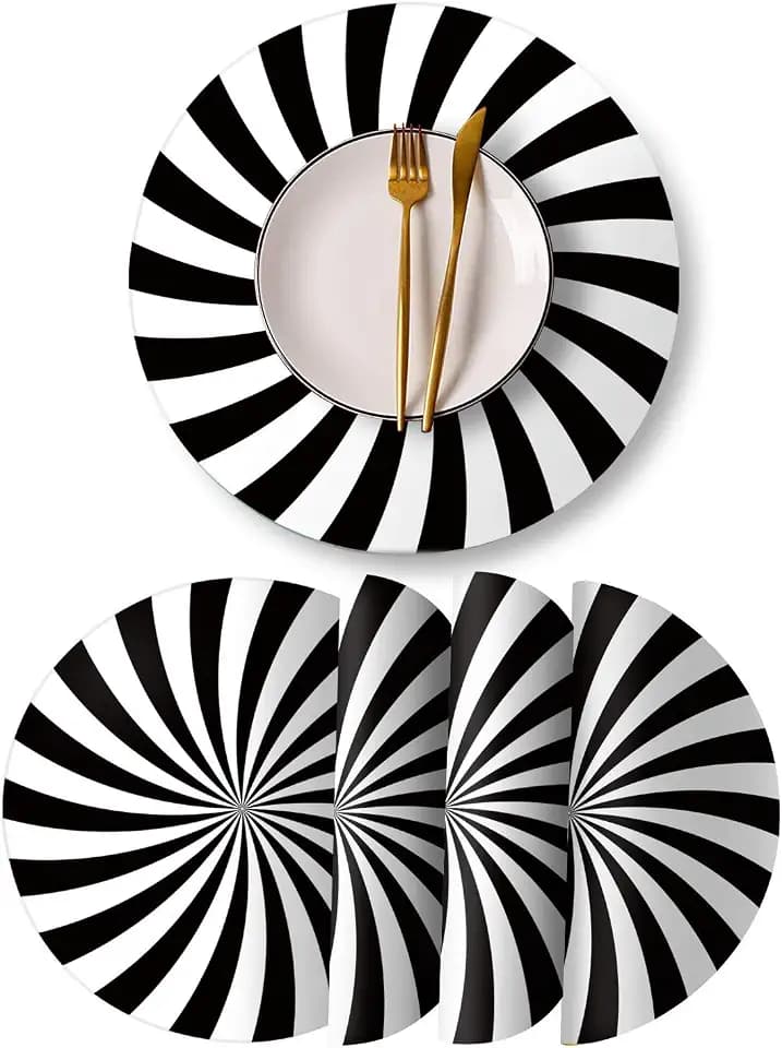 Round Leather Placemats Set of 4 PU Waterproof Non-Slip Washable Heat Resistant Place Mat for Kitchen Dining Table - Black and White Stripes