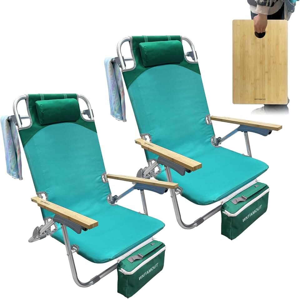 2 Pack Low Backpack Beach Chair with Folding Bamboo Table for Adults, 5-Position Lay Flat Reclining Chair Lightweight with Cooler Bag Supports 265 lbs