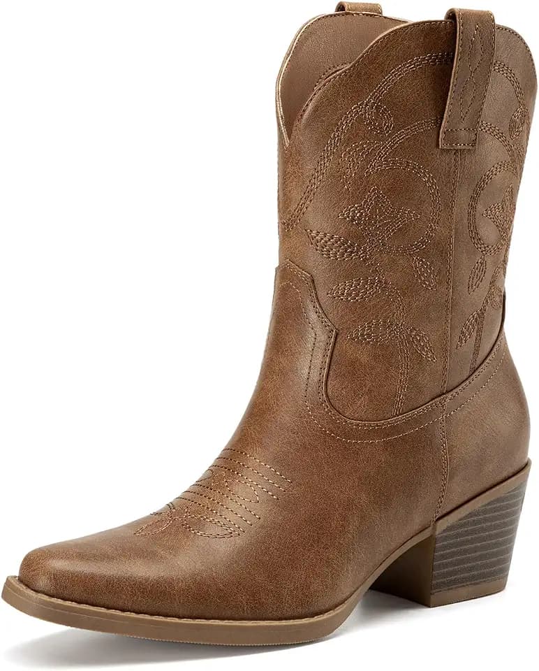 Athlefit Women's Square Toe Chunky Heel Cowboy Cowgirl Boots