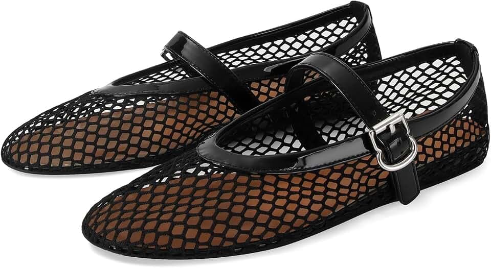 MICIFA Women's Mesh Ballet Flats Ballerina Fishnet Flats Buckle Mary Jane Flats Causal Daily Dress Shoes