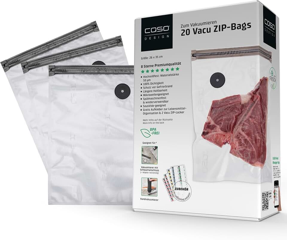 CASO Vacu ZIP-Bags 26x35 cm, 20 Beutel, SousVide geeignet, BPA Frei, mit 150 µm besonders stark, reißfest, wiederverwendbar, für CASO (Hand)-Vakuumierer mit ZIP-Adapter, inkl. Food Manager Sticker