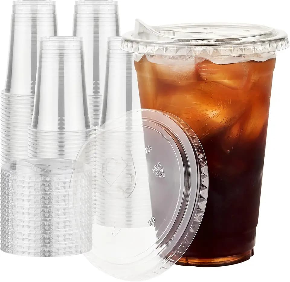 Plastic Cups with Lids 16 oz 100 pack, Clear Disposable Iced Coffee Cups with Strawless Sip Lids, Drink Cup for Cold Drinks, Iced Coffee