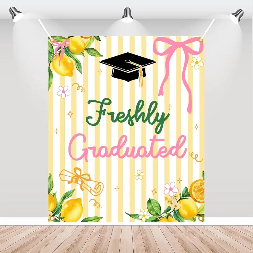 Freshly Graduated Backdrop Banner - 2026 Graduation Lemonade Bar Decoration, Lemon Themed Graduation Party Photo Props, Class of 2026 Sign, Congrats Grad Banner, 51 * 61 Inch