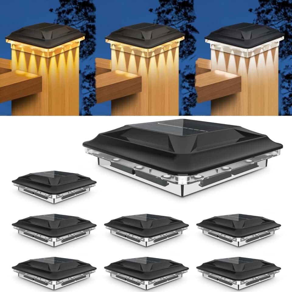 Solar Post Cap Lights 8 Pack Upgraded 16LED Spot Lens Outdoor Waterproof Post Light 3-Color Modes Warm & Cool & Neutral White Solar Light Fit for 4x4 3.5x3.5 Vinyl and Wooden Dock Fence Deck Posts