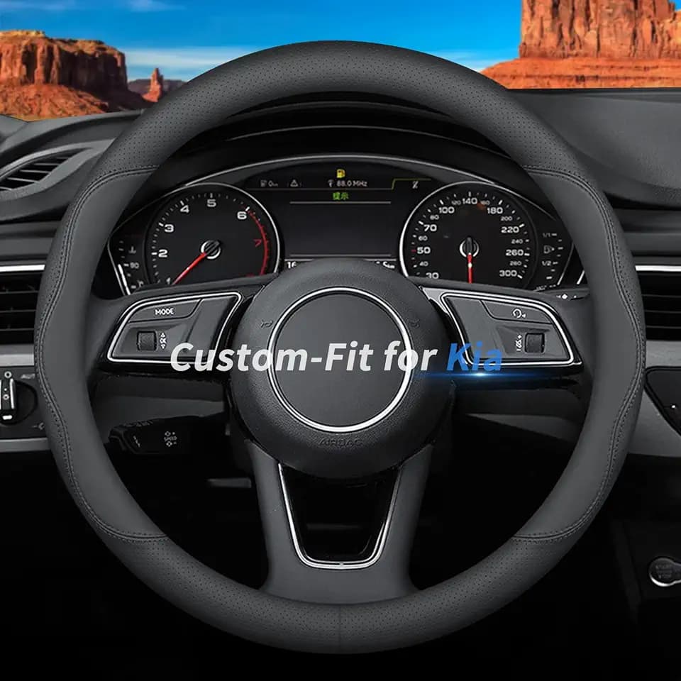 Deer Route Custom-Fit for Kia Steering Wheel Cover, Premium Leather Car Steering Wheel Cover with Logo, Non-Slip, Breathable, for Kia Accessories (B-Style,for Kia)