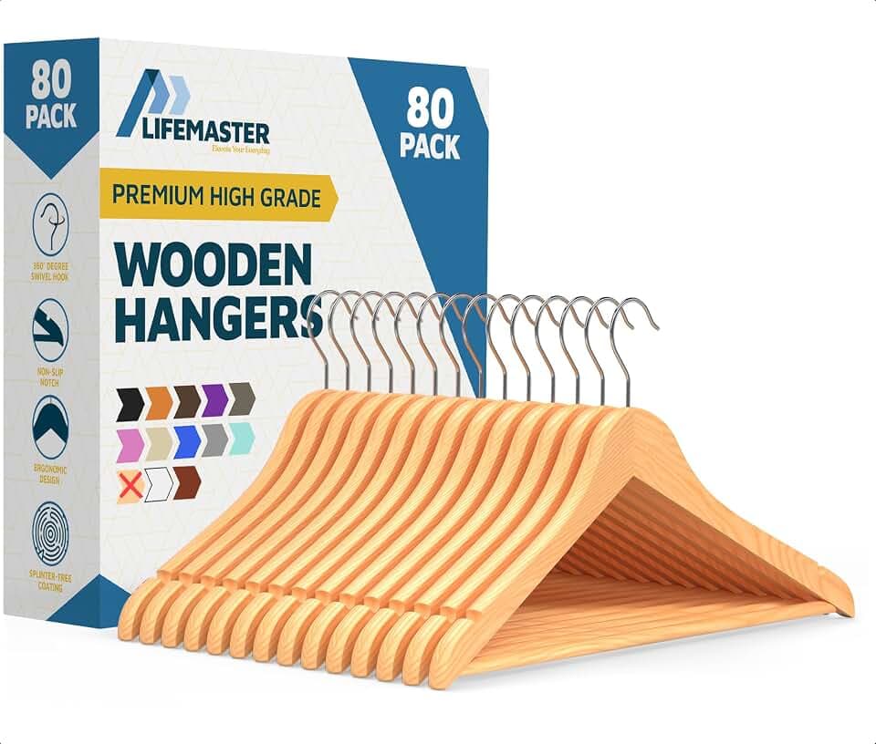 Lifemaster Robuste, langlebige Kleiderbügel aus massivem Ahornholz, 80 Stück, Naturholz-Kleiderbügel mit drehbaren Drehhaken und integrierten Kerben, um Jacken, Hemden und Hosen zu organisieren