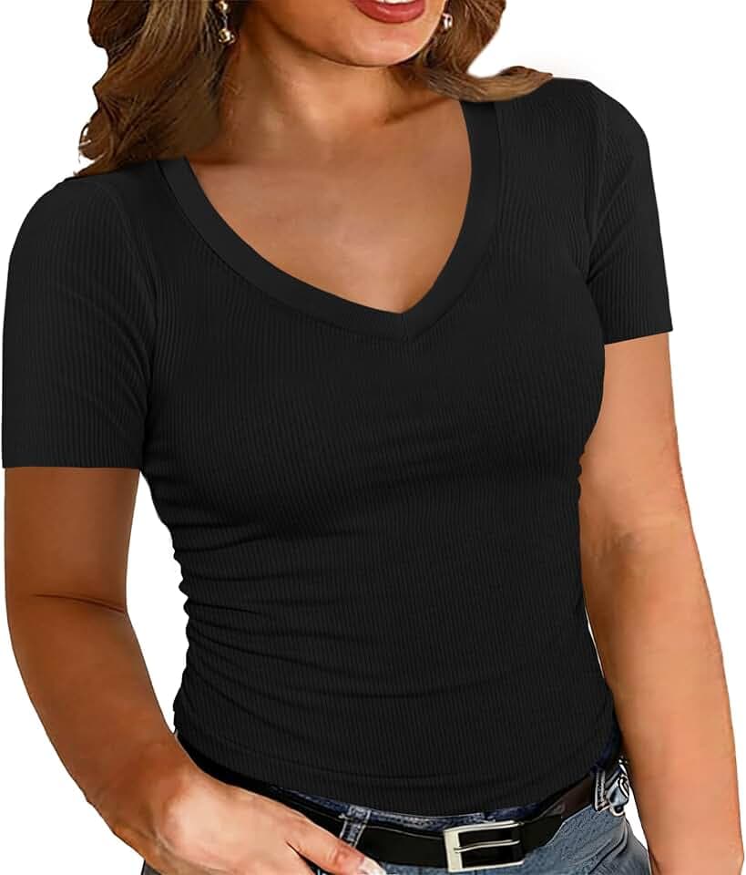 Chulianyouhuo Womens Plus Size Tops V Neck Short Sleeve Ribbed Knit Shirts Summer Fitted Basic Tee Casual Blouse 2026