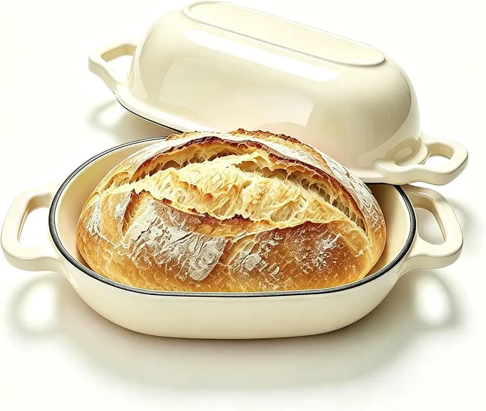 Oval Cast Iron Dutch Oven, Sourdough Bread Baking Pan with Lid, White