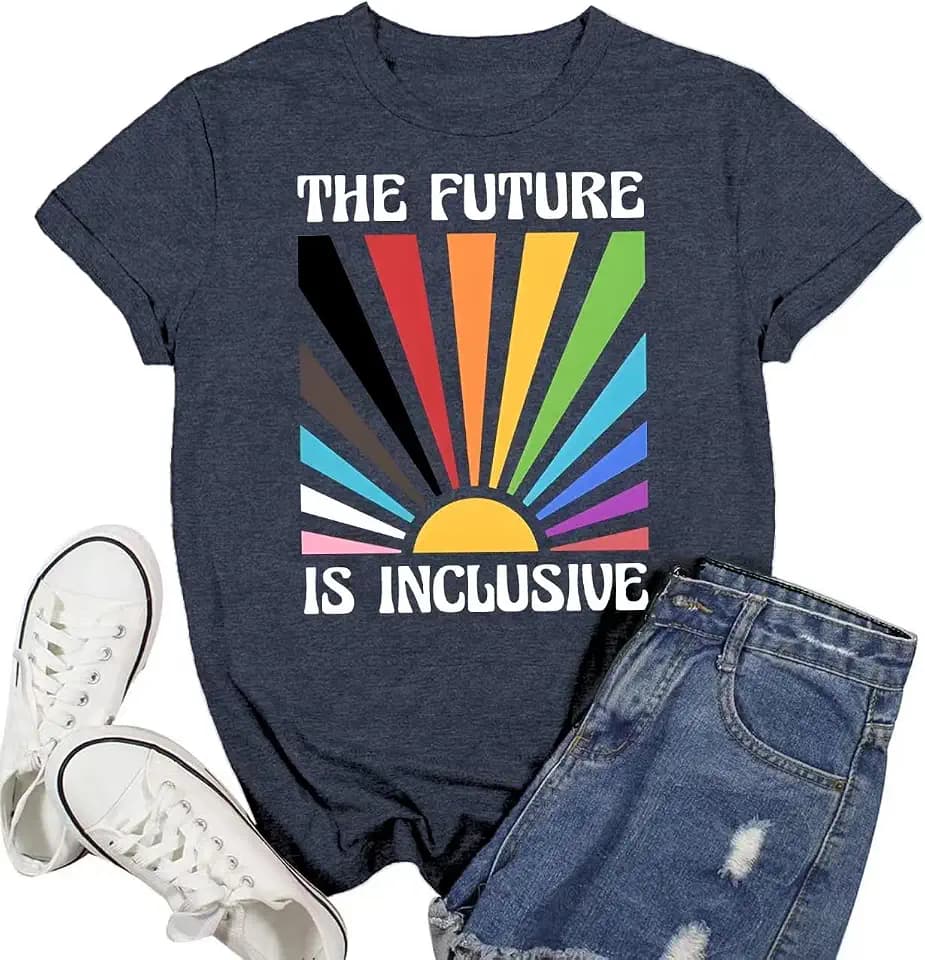Pride T Shirts for Women Rainbow Tee LGBT The Future is Inclusive Letter Print Short Sleeve LGBTQ Support Casual Tops,Blue