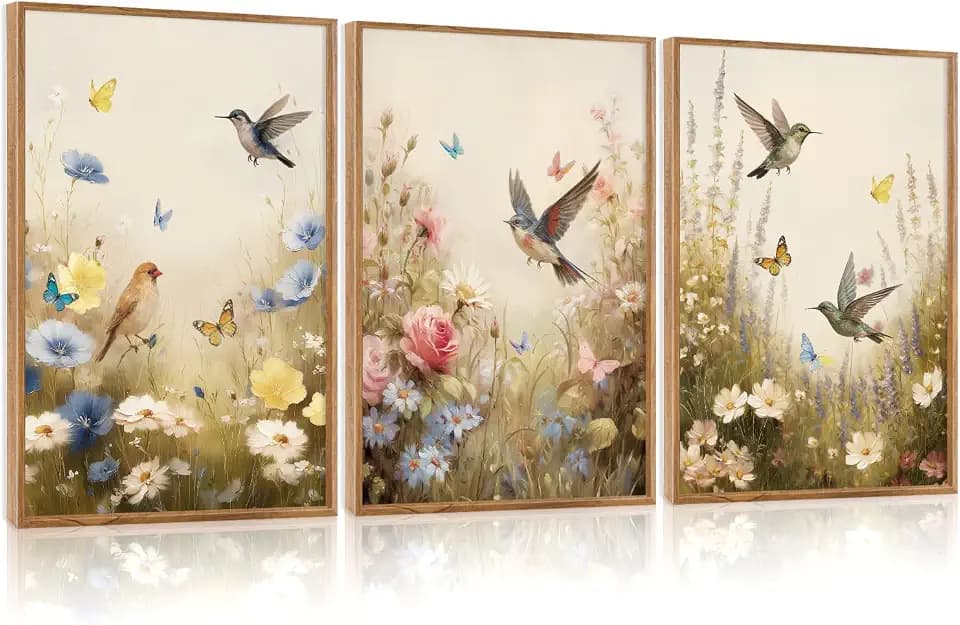 CHDITB Floral Bird Framed Canvas Wall Art Set Of 3, Vintage Garden Wall Decor, Nature Wildflower And Bird Wall Painting, Botanical Flower Art Prints For Dining Room Bedroom Decor (12X16 Inch)