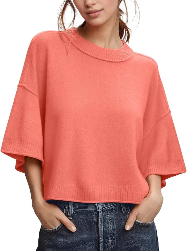 Womens Oversized Sweaters Summer Short Sleeve Casual Cropped Knit Tops