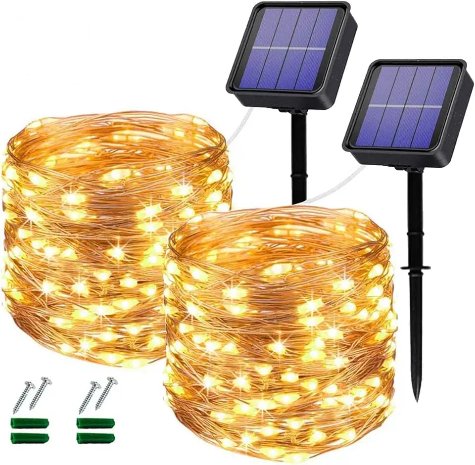 Lezonic Solar Fairy Lights, 2 Pack 240 LED Outdoor Waterproof 24M/80Ft 8 Modes Copper Wire Lights for Patio, Yard, Porch Decor (Warm White)