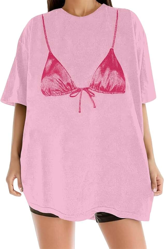 Women Funny Bikini Print Shirts Y2k Graphic Short Sleeve Oversized T-Shirts Summer Casual Going Out Tee Tops