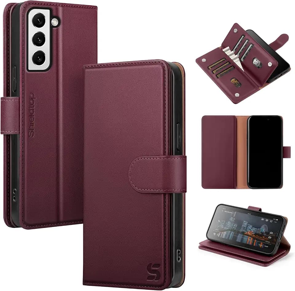 Shieldtop Compatible with Samsung Galaxy S21 Wallet Case with Card Holder,Women Men RFID Blocking PU Leather Folio Flip TPU Protective Cover Credit Card Slots,Phone Case for Galaxy S21 6.2",Wine Red